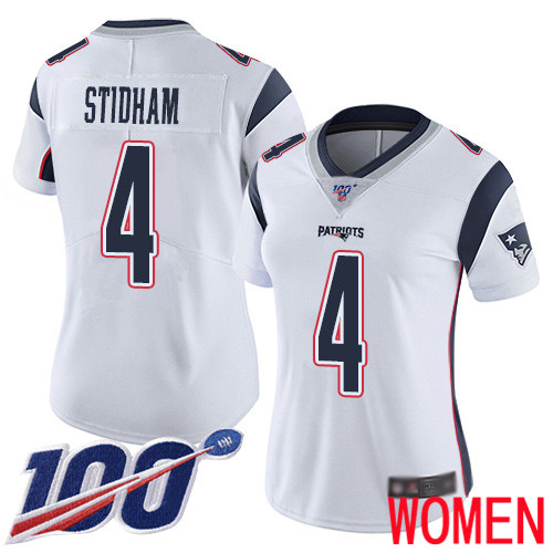 New England Patriots Limited White Women #4 Jarrett Stidham Road NFL Jersey 100th Season